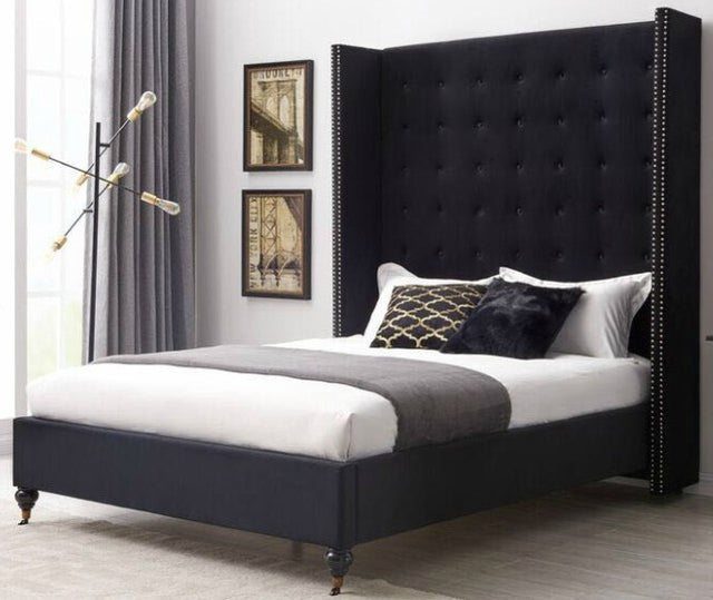 Melva Buttoned Black Velvet Fabric Bed