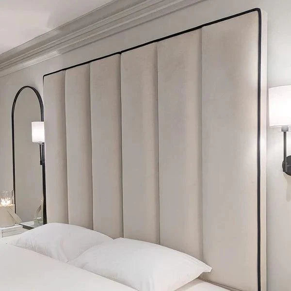 Mercer Cream Velvet Luxury Panelled Bed with Black Borders - Couchek